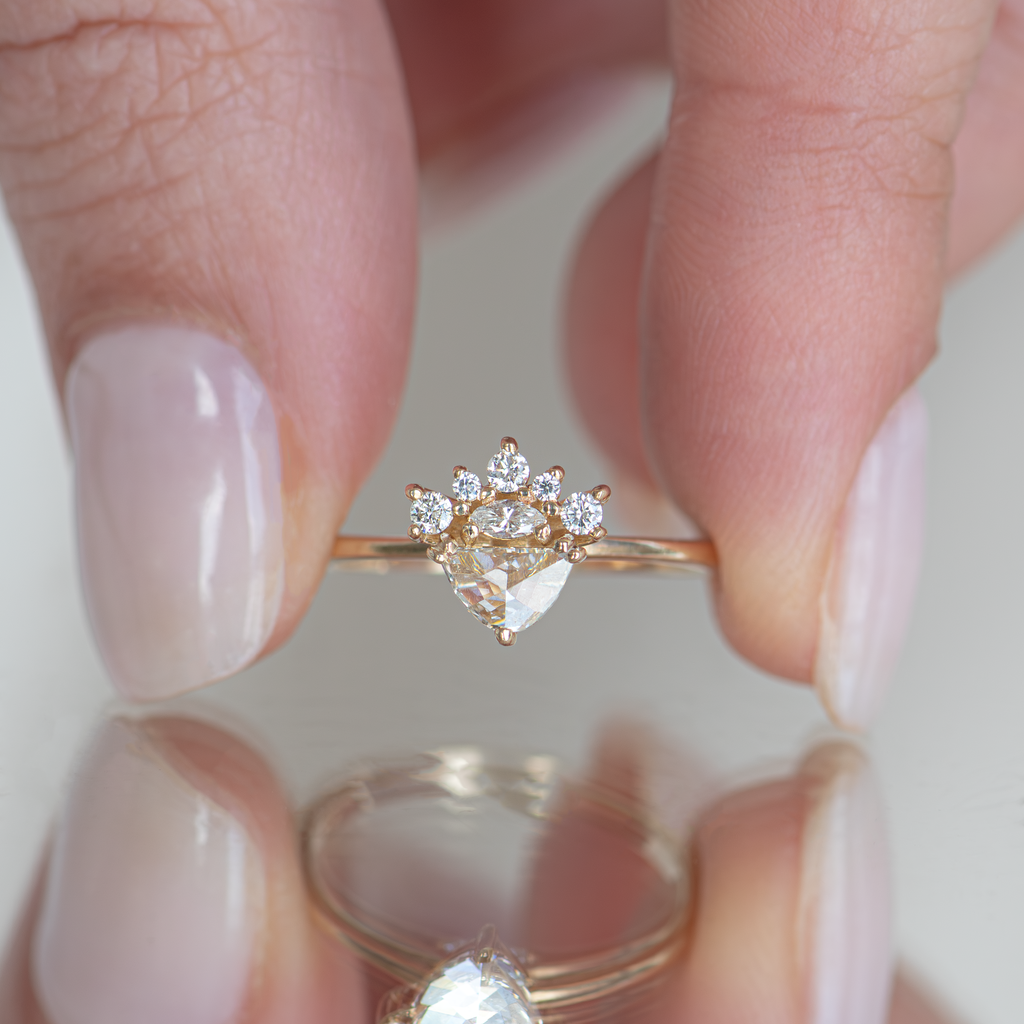 Unique solid gold engagement ring, with half moon diamond, and diamond crown, made in 14k or 18k gold on a thin diamond band.