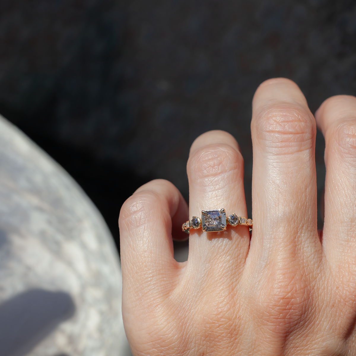 Emerald salt and pepper diamond engagement ring 14k