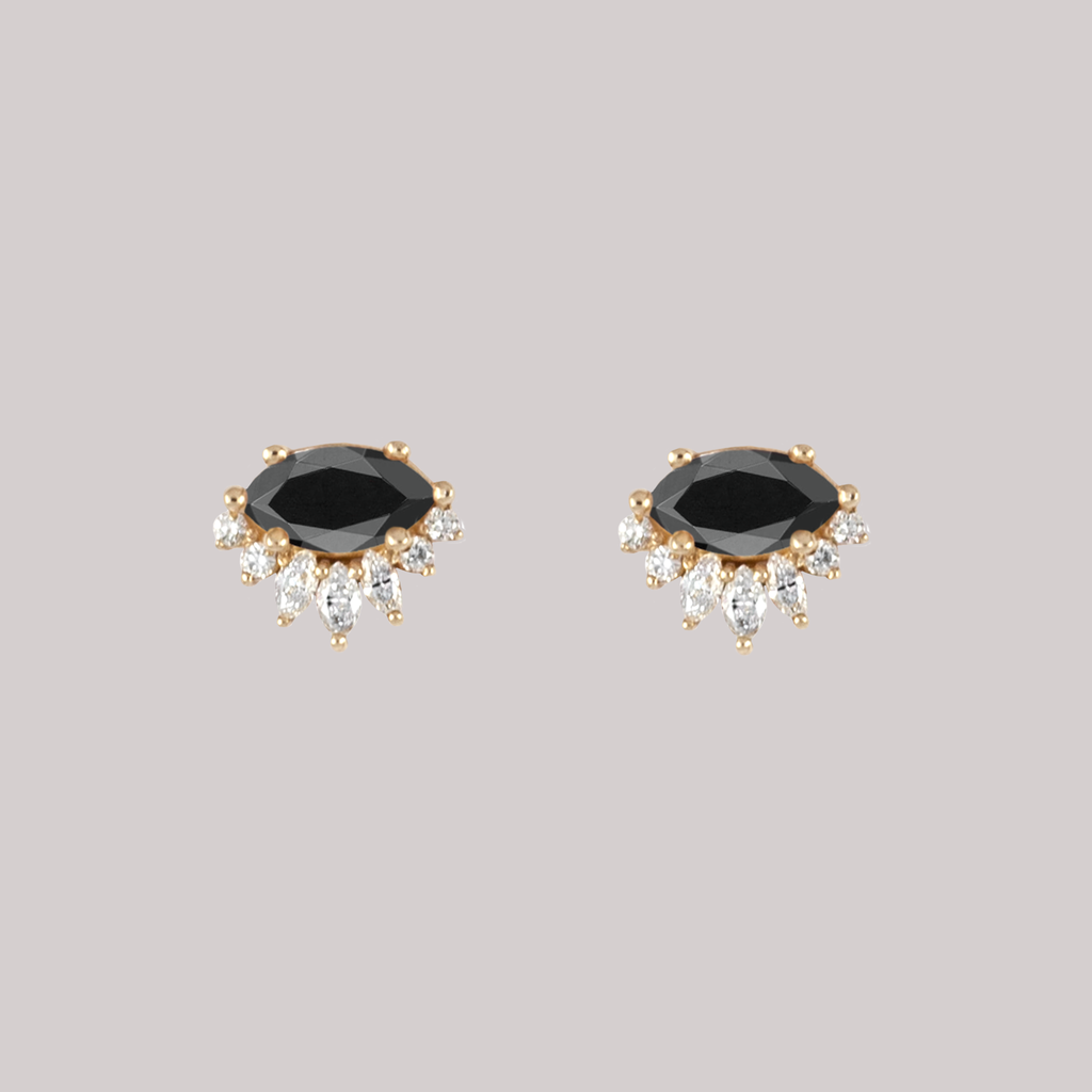 Black diamond marquise earring stud, with diamond crown, made in 14k or 18k solid gold.