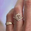 Unique round rose cut diamond engagement ring, with a white diamond crown and a pave v chevron band, made in solid 14k or 18k yellow gold.