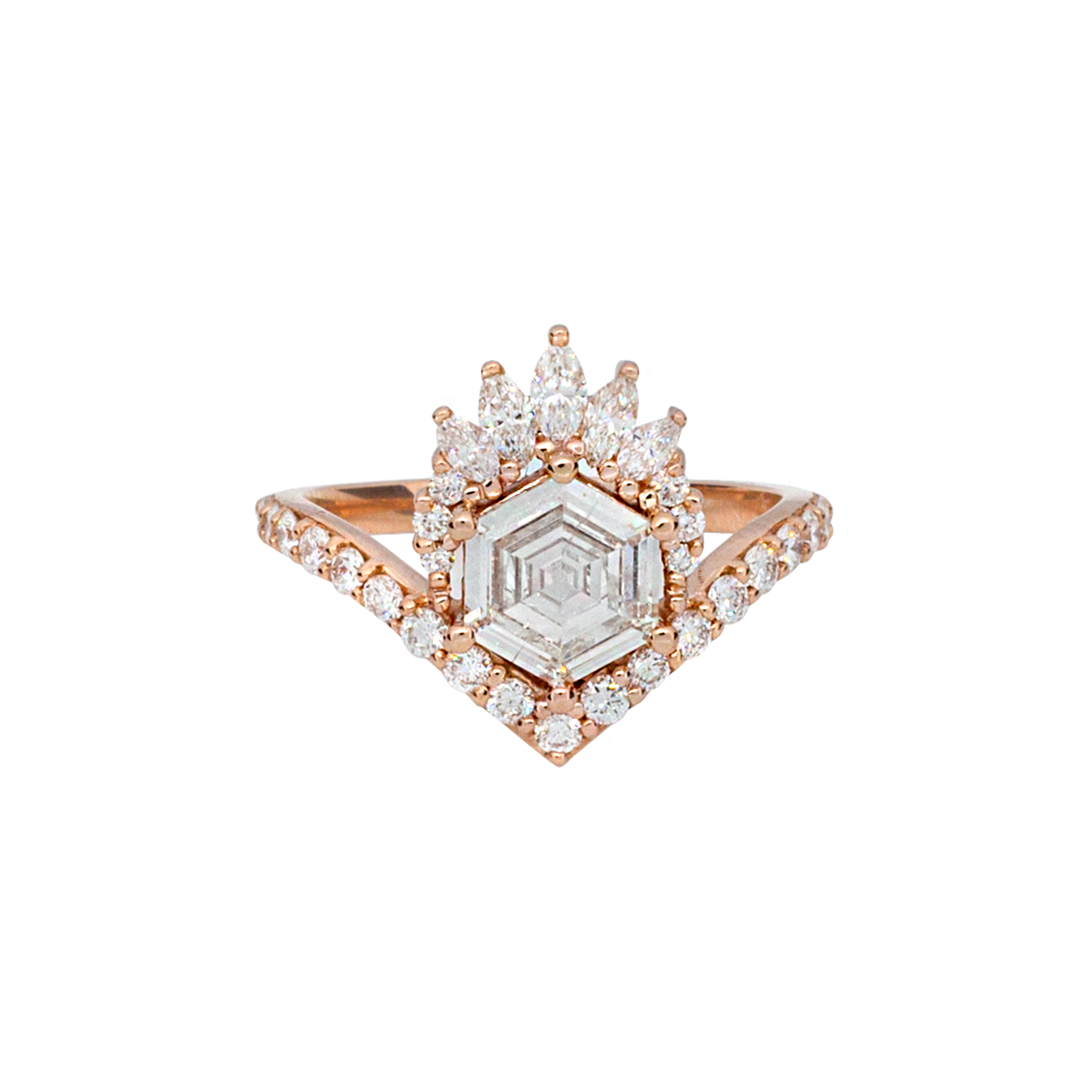 Unique step cut hexagon diamond engagement ring, featuring a delicate V shape band, encrusted with round brilliant diamonds. The hexagon step cut diamond has a low profile setting and is surrounded with a fine crown of marquise and round cut white diamonds. Made in 14k or 18k rose gold.
