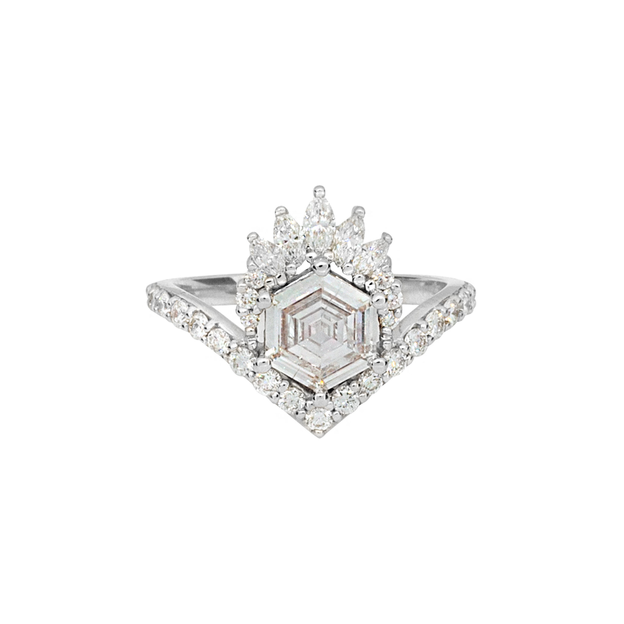 Unique step cut hexagon diamond engagement ring, featuring a delicate V shape band, encrusted with round brilliant diamonds. The hexagon step cut diamond has a low profile setting and is surrounded with a fine crown of marquise and round cut white diamonds. Made in 14k or 18k white gold.
