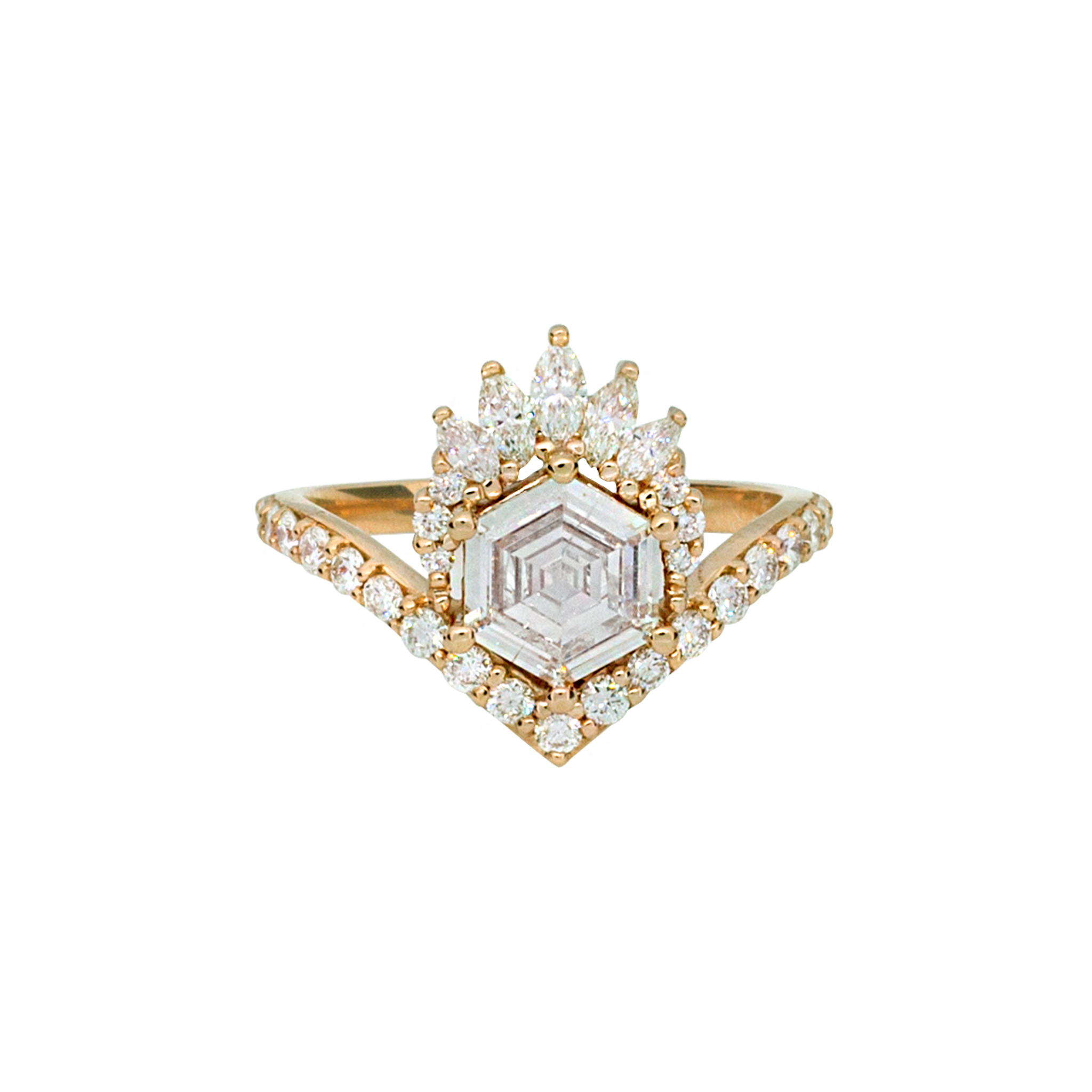 Unique step cut hexagon diamond engagement ring, featuring a delicate V shape band, encrusted with round brilliant diamonds. The hexagon step cut diamond has a low profile setting and is surrounded with a fine crown of marquise and round cut white diamonds. Made in 14k or 18k yellow gold.