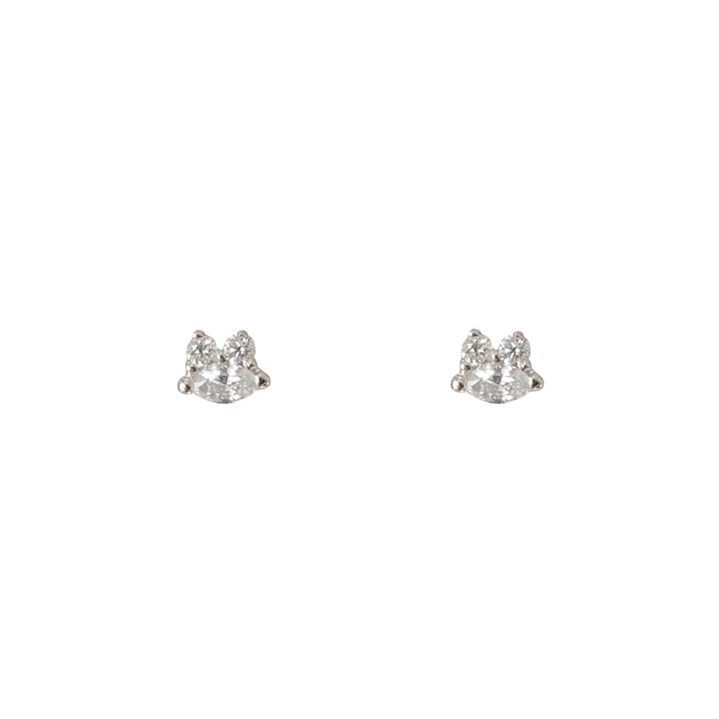 Diamond marquise dainty gold studs, made in solid 14k white gold.