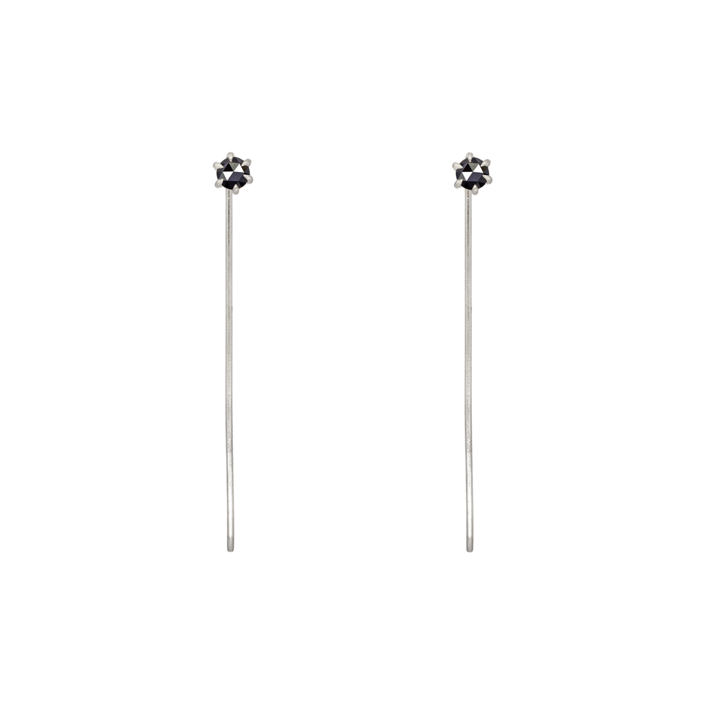 Delicate black round rose cut diamond threader pins, feature a six claw prong setting, using 14k or 18k white gold.