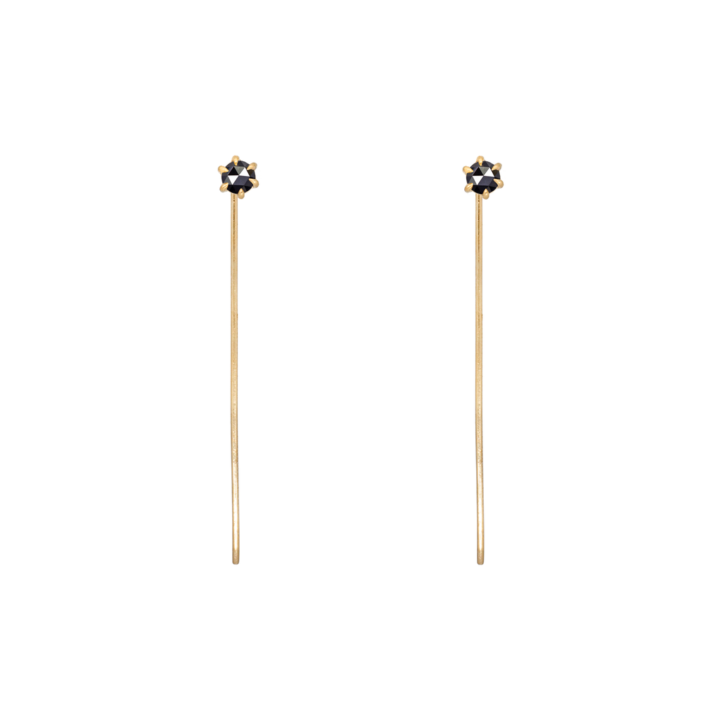 Delicate black round rose cut diamond threader pins, feature a six claw prong setting, using 14k or 18k yellow gold.