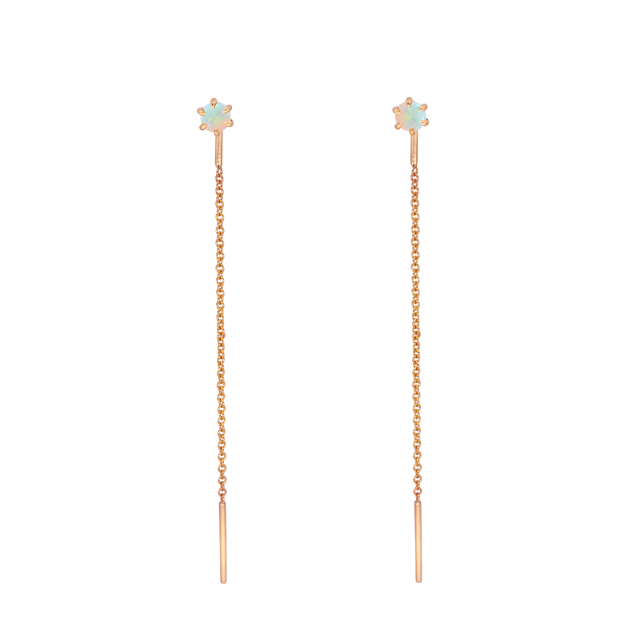 Delicate opal gold threaders, ideal for threading through multiple piercings, feature a six claw prong setting, using 14K gold.