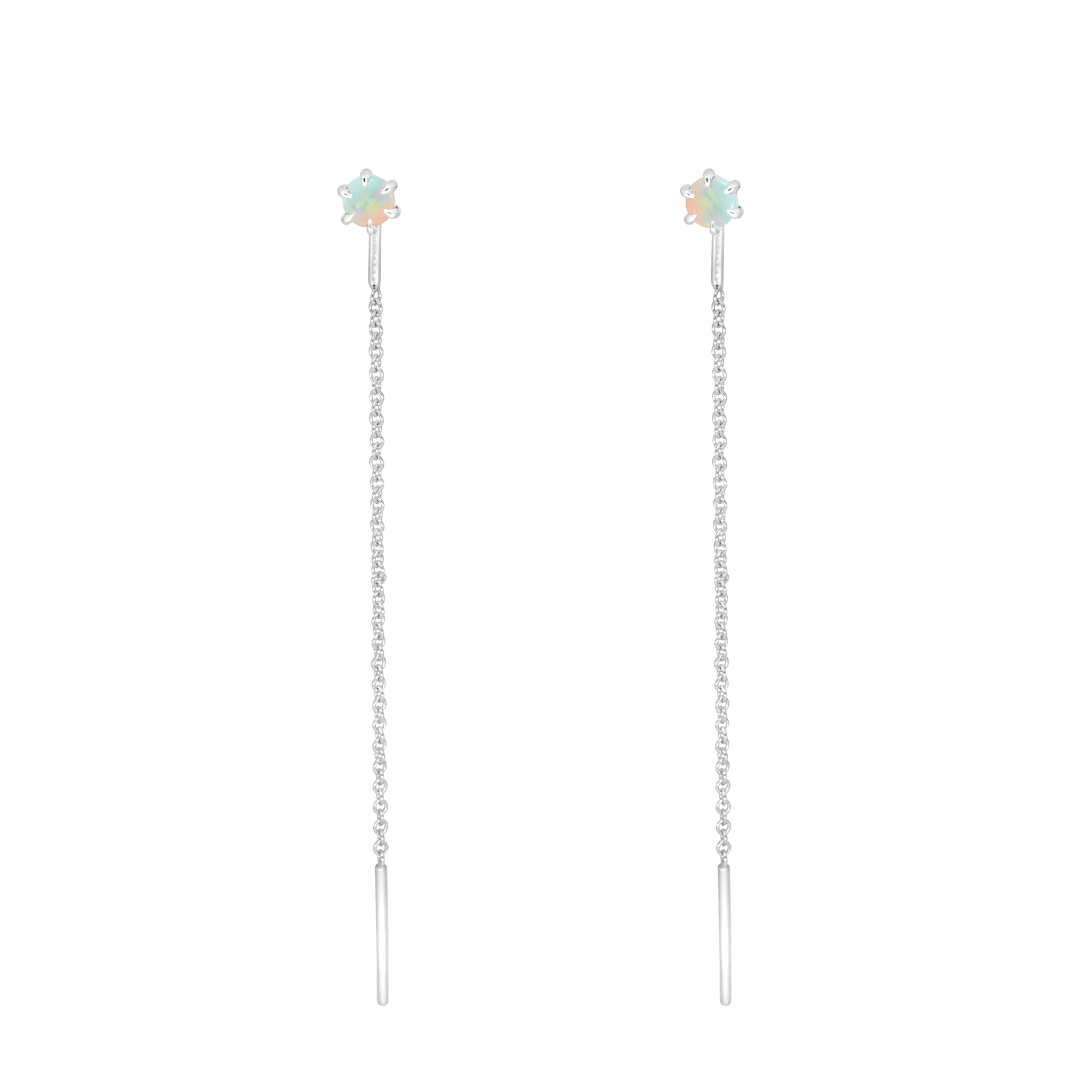 Delicate opal gold threaders, ideal for threading through multiple piercings, feature a six claw prong setting, using 14K gold.