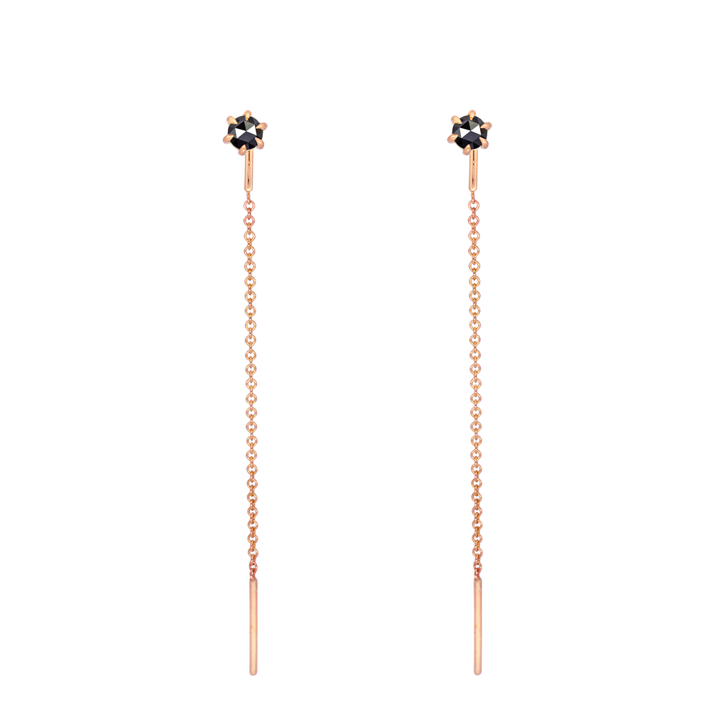 Delicate black round rose cut diamond threaders, ideal for threading through multiple piercings, feature a six claw prong setting, using 14k or 18k rose gold.