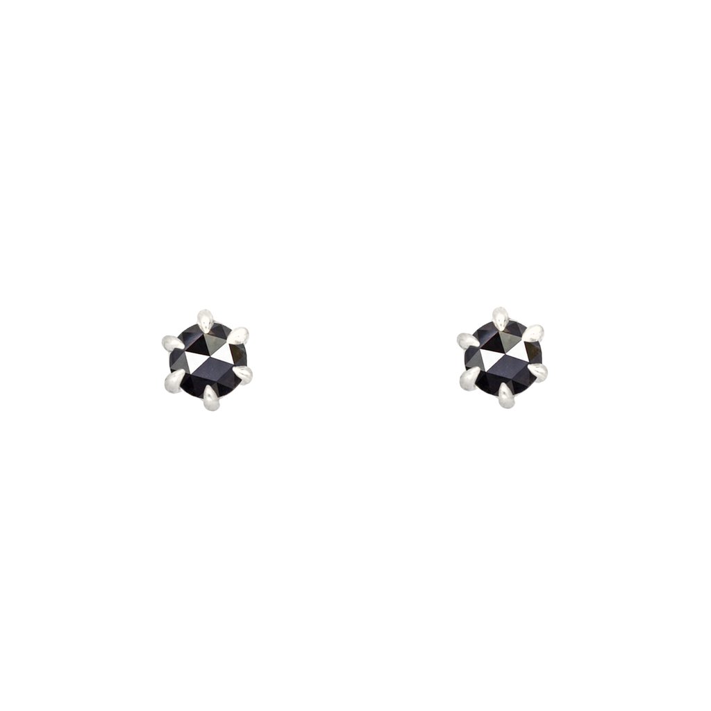 Black round rose cut diamond earring studs, set with six claw setting prongs, made in 14k or 18k white gold. 