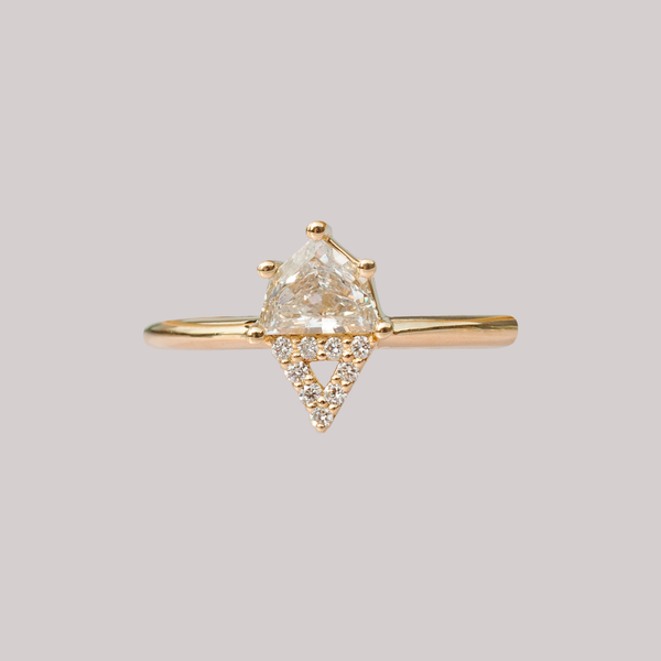 Unique geometric diamond gold engagement ring, with geometric diamond and round brilliant cut diamonds, made in 14k or 18k gold.