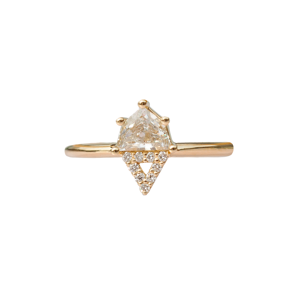 Unique geometric diamond gold engagement ring, with geometric diamond and round brilliant cut diamonds, made in 14k or 18k gold.