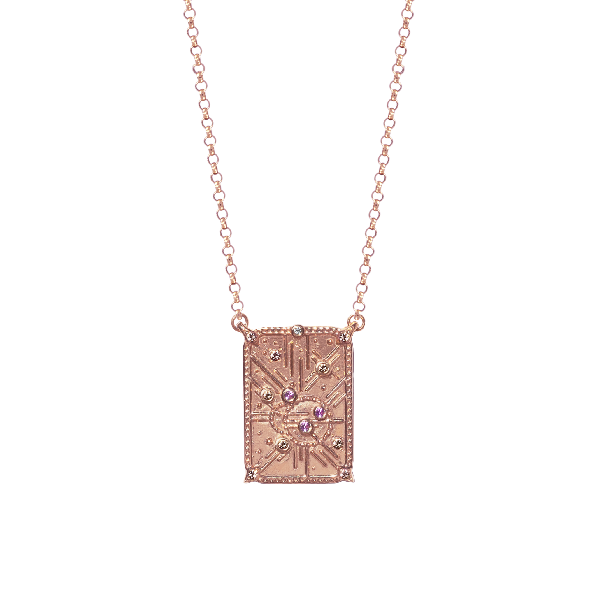 Light code charm, with sacred geometry, made in 14k or 18k rose gold, with light pink sapphires and champagne diamonds.