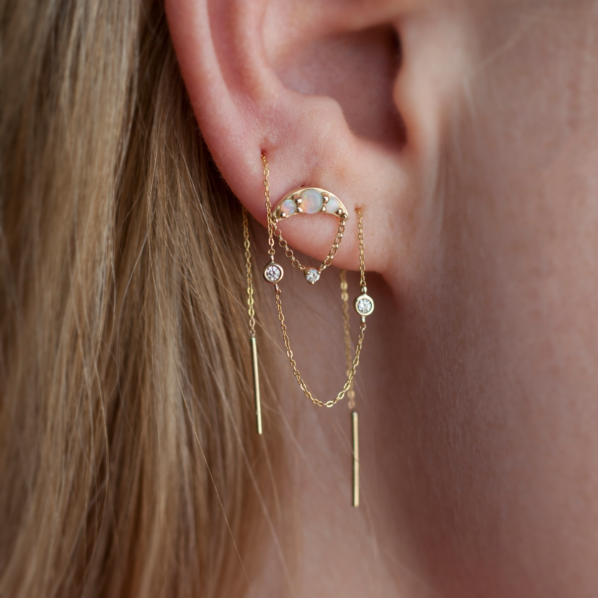 Delicate diamond gold threaders, ideal for threading through multiple piercings, using 14K gold.