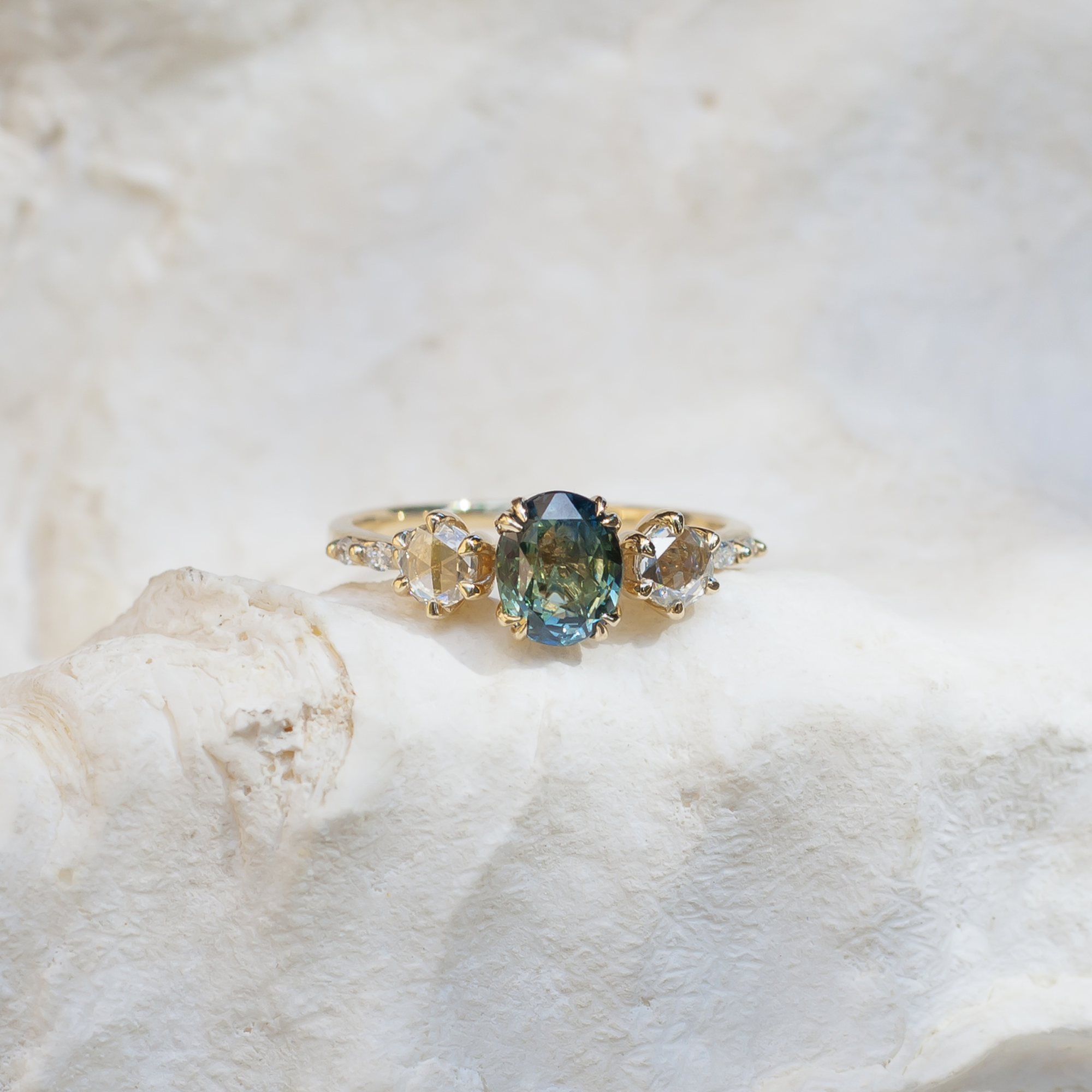 Teal sapphire ring 14k gold 