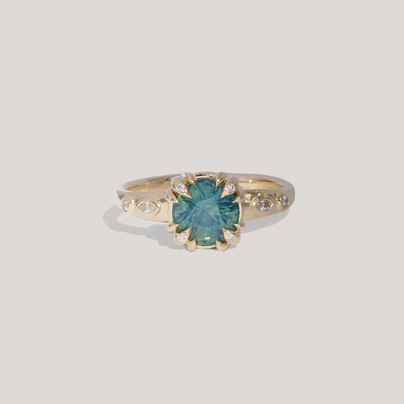Teal Sapphire and Diamond Ring
