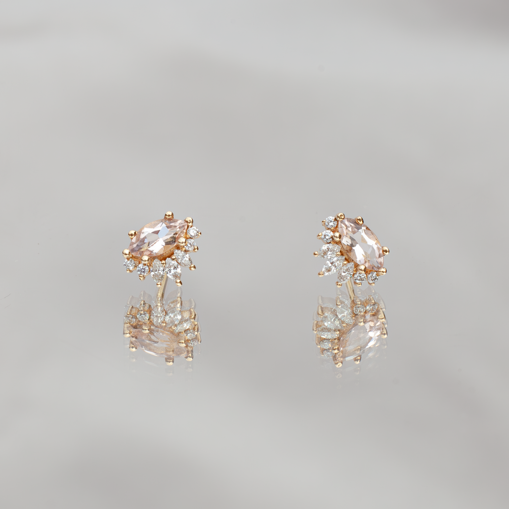Morganite diamond earring stud featuring a diamond crown, made in 14k gold.