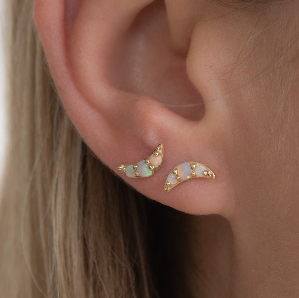 Half moon opal everyday earrings, made in 10k yellow gold.