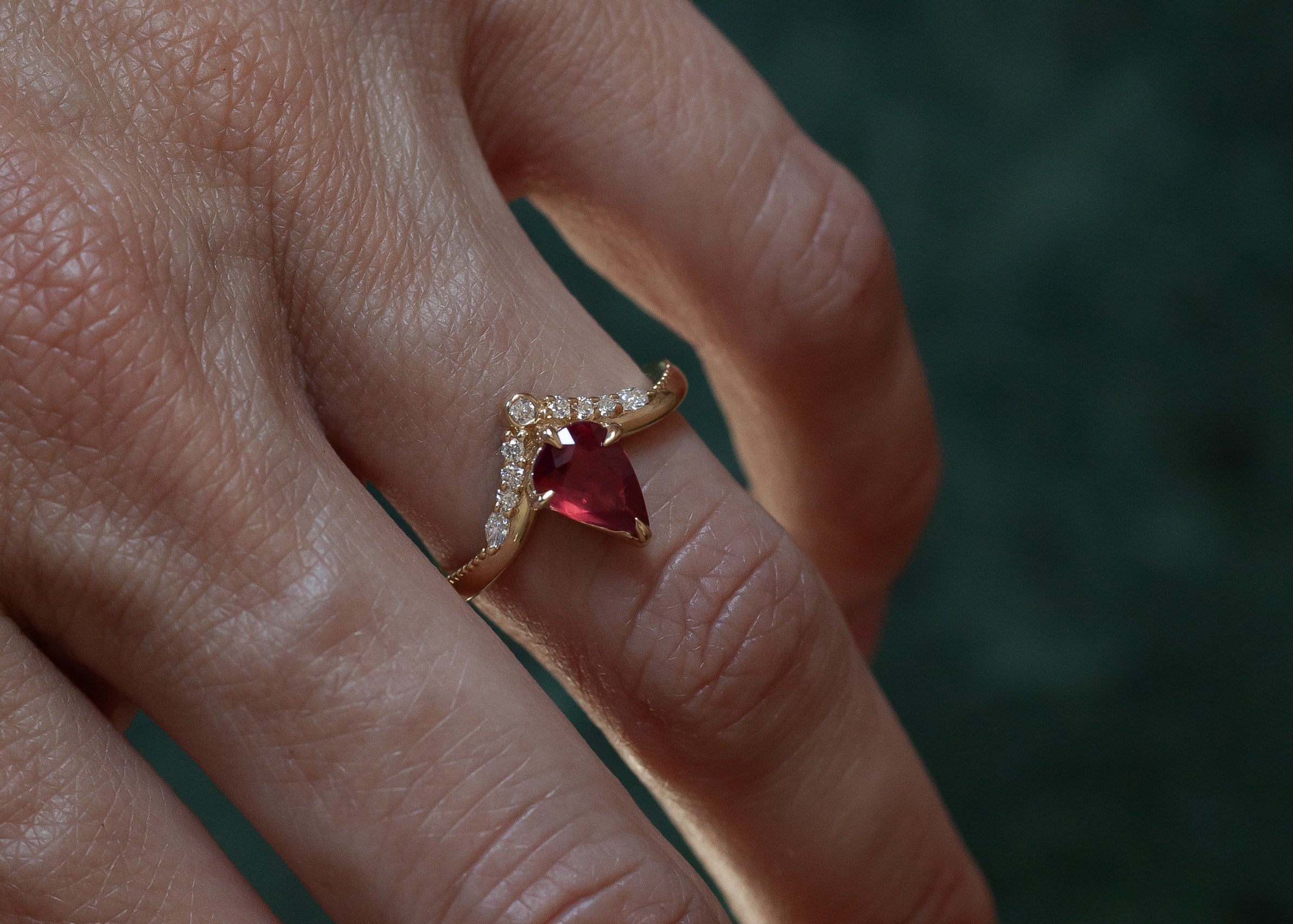 Pear ruby engagement ring 14k yellow gold