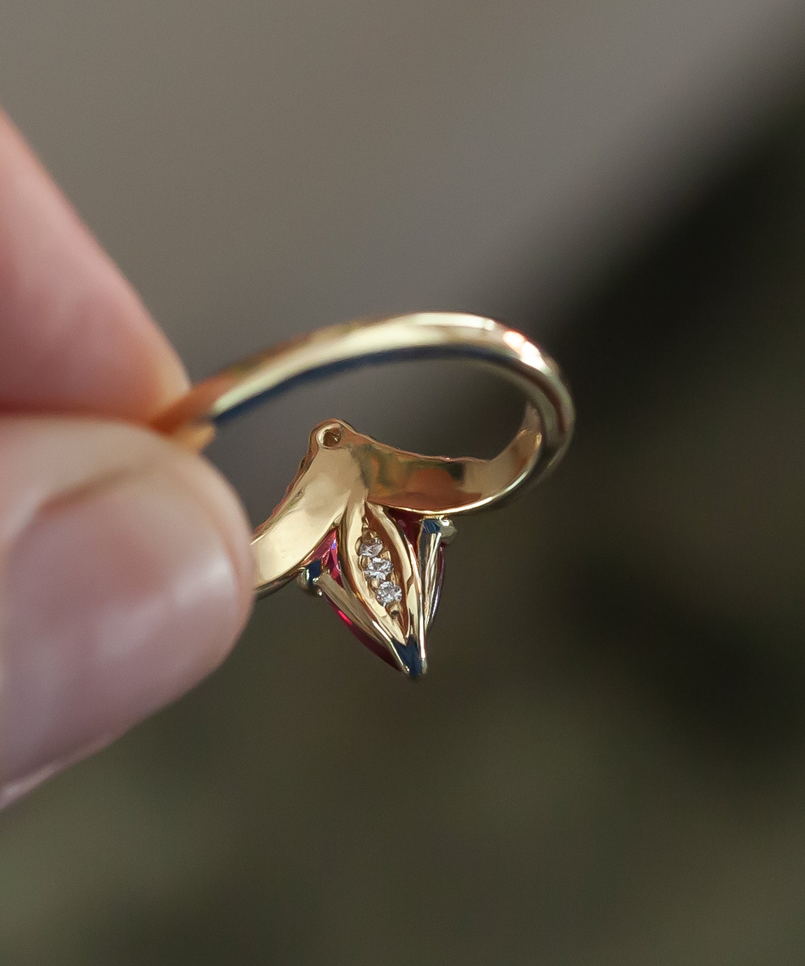 Pear ruby engagement ring 14k yellow gold