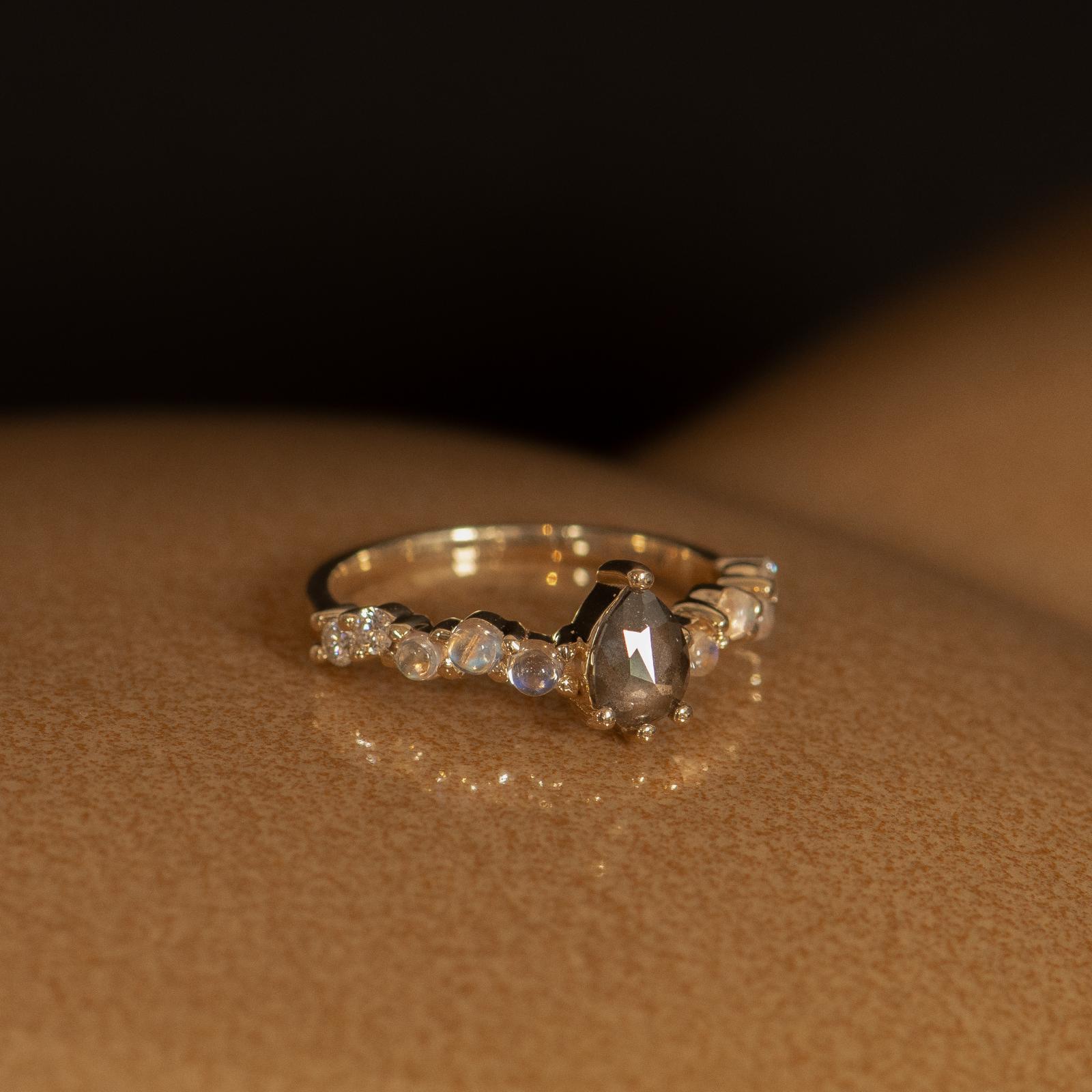 Pear shape salt and pepper diamond engagement ring 14k