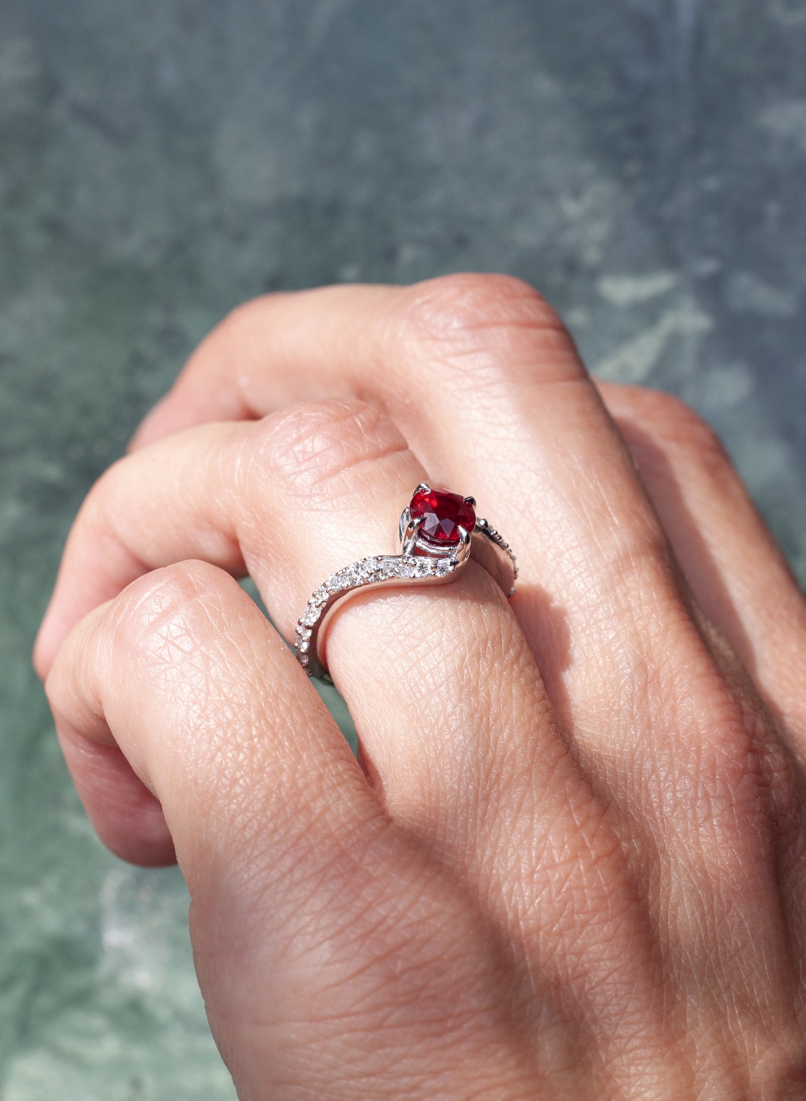 Pigeons blood ruby engagement ring 14k white