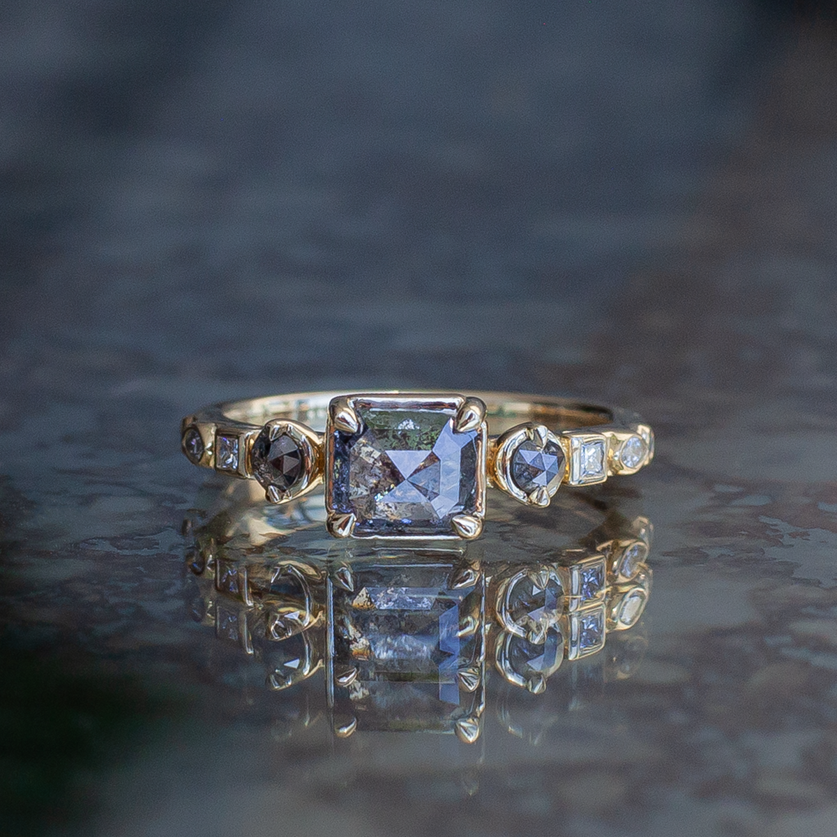 Emerald salt and pepper diamond engagement ring 14k