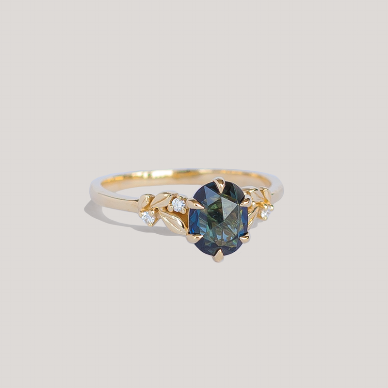 Oval rose cut sapphire floral engagement ring 14k
