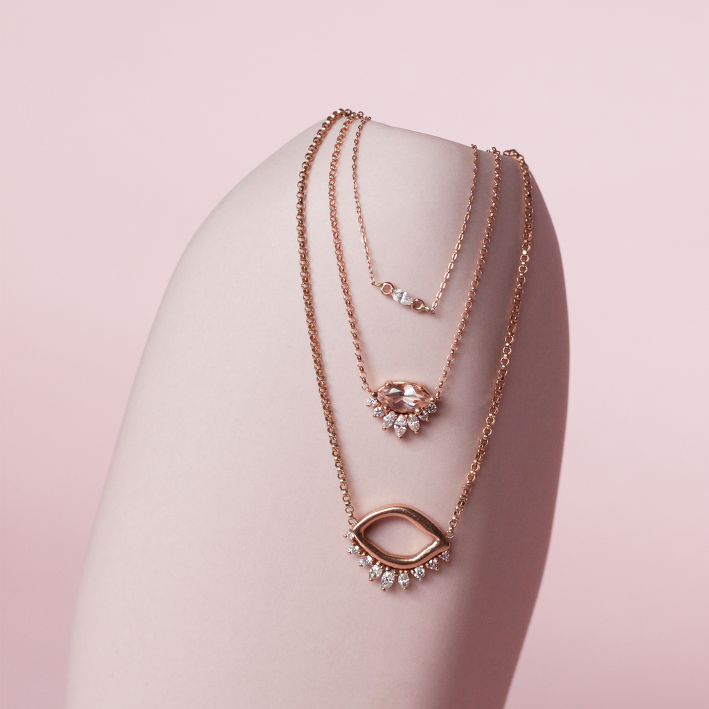 Delicate morganite and diamond crown necklace, made in 14k rose gold, perfect for layering with your favourite everyday staples.
