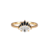 Contemporary take on a traditional marquise diamond ring featuring an East-West marquise brilliant cut diamond. The centre stone is surrounded with a diamond crown of black marquise and round brilliant diamonds. Made in solid 14k or 18K yellow gold.