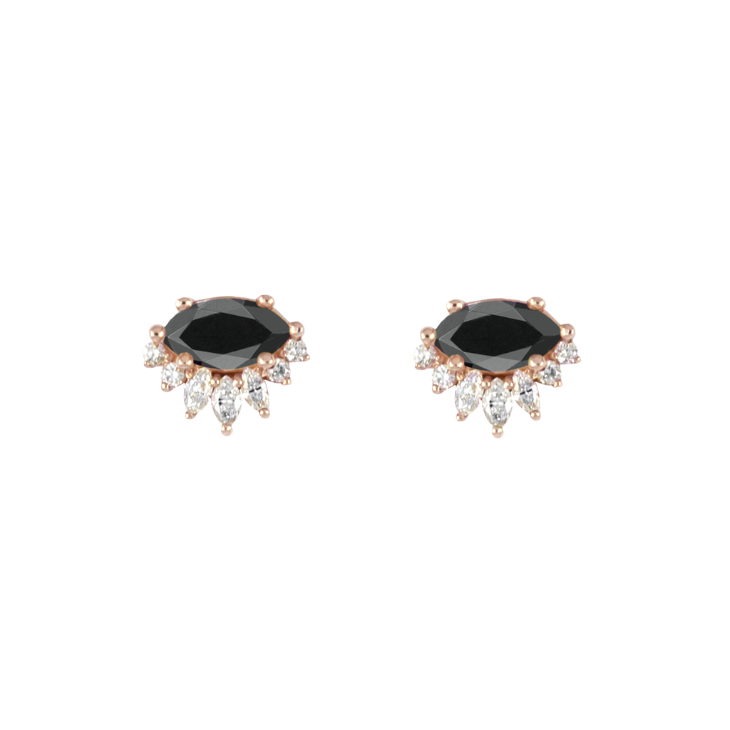 Black diamond marquise earring stud, with diamond crown, made in 14k or 18k solid rose gold.