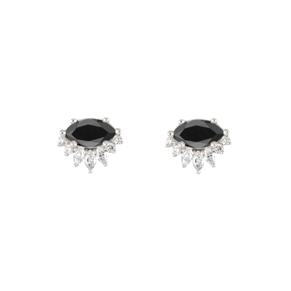 Black diamond marquise earring stud, with diamond crown, made in 14k or 18k solid white gold.