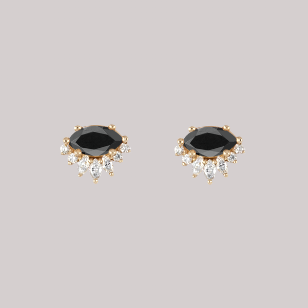Black diamond marquise earring stud, with diamond crown, made in 14k or 18k solid gold.
