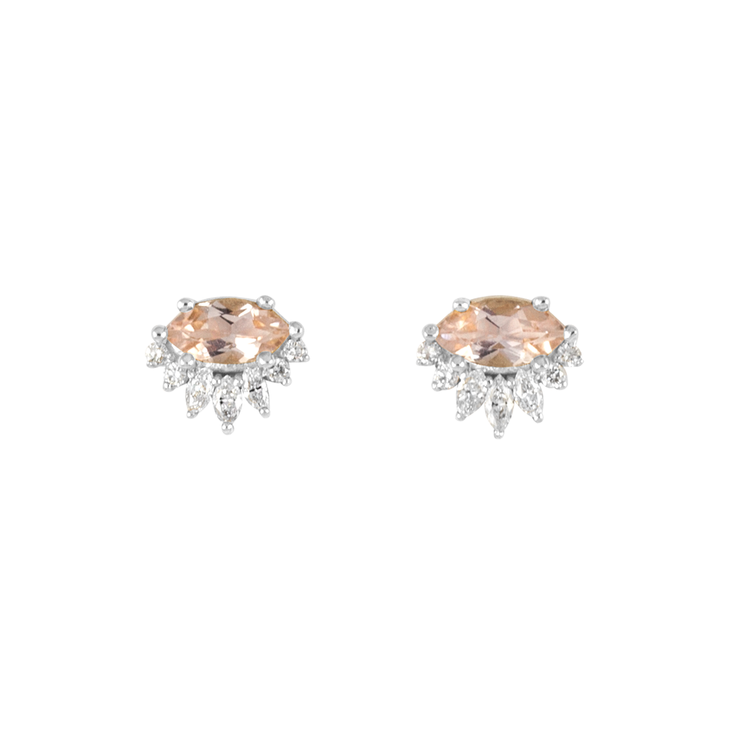 Morganite diamond earring stud featuring a diamond crown, made in 14k or 18k white gold.