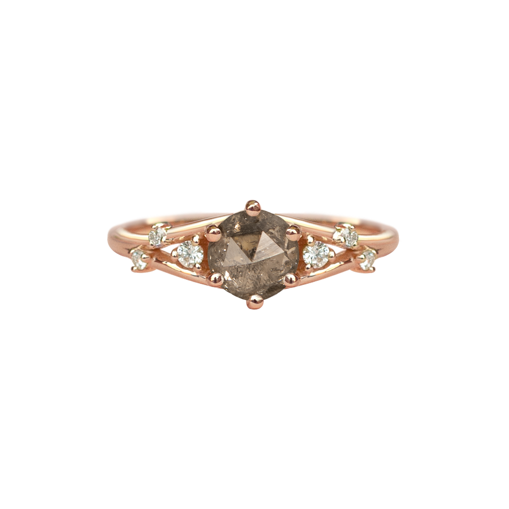 Unique engagement ring, featuring a round salt and pepper round rose cut diamond, with diamond cluster, on a split band, made in 14K or 18K rose gold.