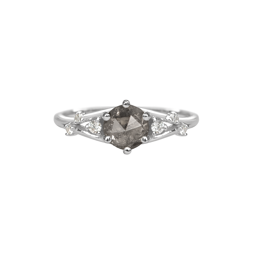 Unique engagement ring, featuring a round salt and pepper round rose cut diamond, with diamond cluster, on a split band, made in 14K or 18K white gold.