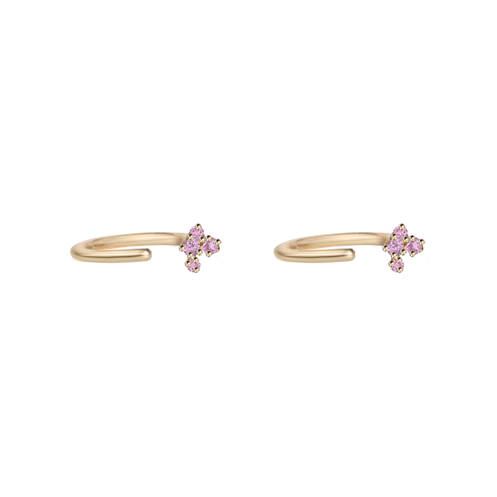 Delicate pink sapphire earring huggie earring made in 14k yellow gold.
