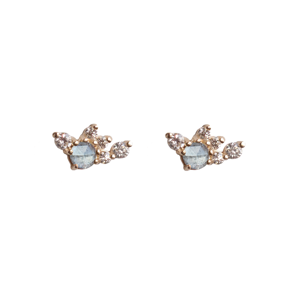 Delicate salt and pepper round rose cut diamond with a diamond cluster earring studs, made in 14K gold.