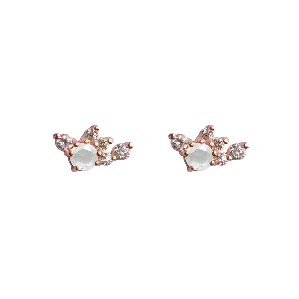 Delicate round rose cut and a cluster of brilliant cut diamonds earring studs, made in 14K or 18k gold. 