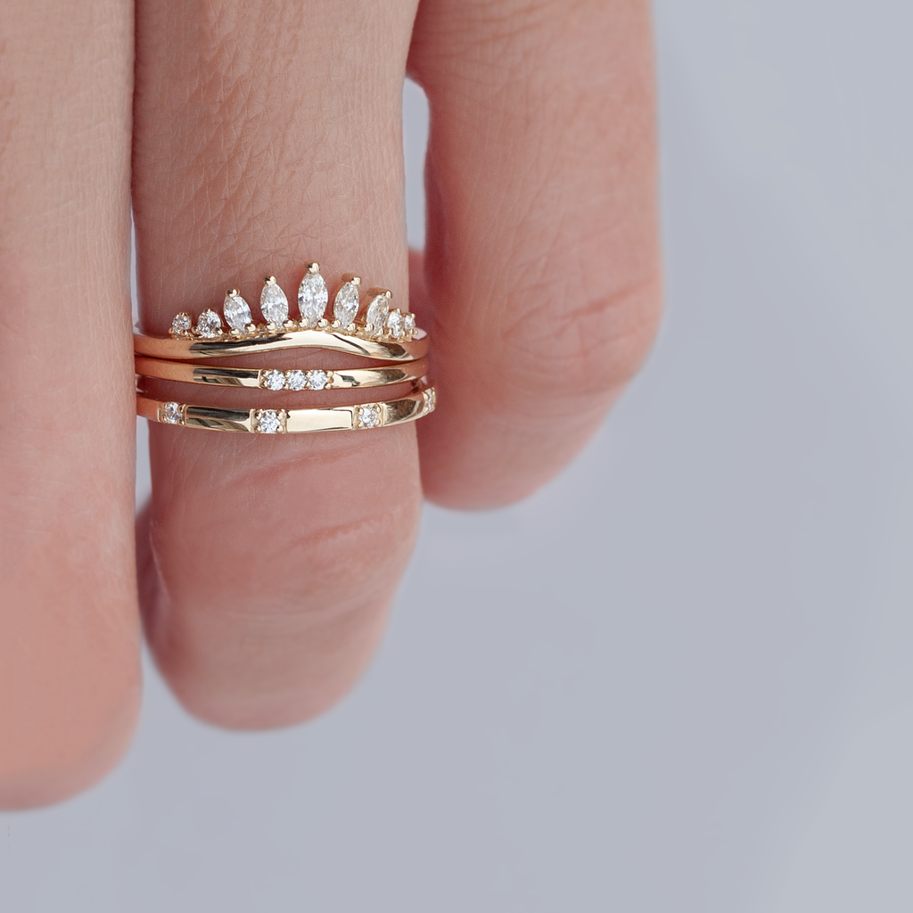 Straight delicate diamond wedding band, 14k or 18k yellow gold. Meant to be stacked, or worn as an everyday staple. 