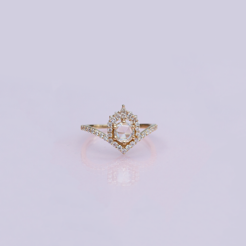 Unique round rose cut diamond engagement ring, with a white diamond crown and a pave v chevron band, made in solid 14k or 18k yellow gold.