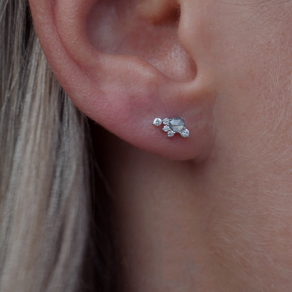Delicate salt and pepper round rose cut diamond with a diamond cluster earring studs, made in 14K gold.
