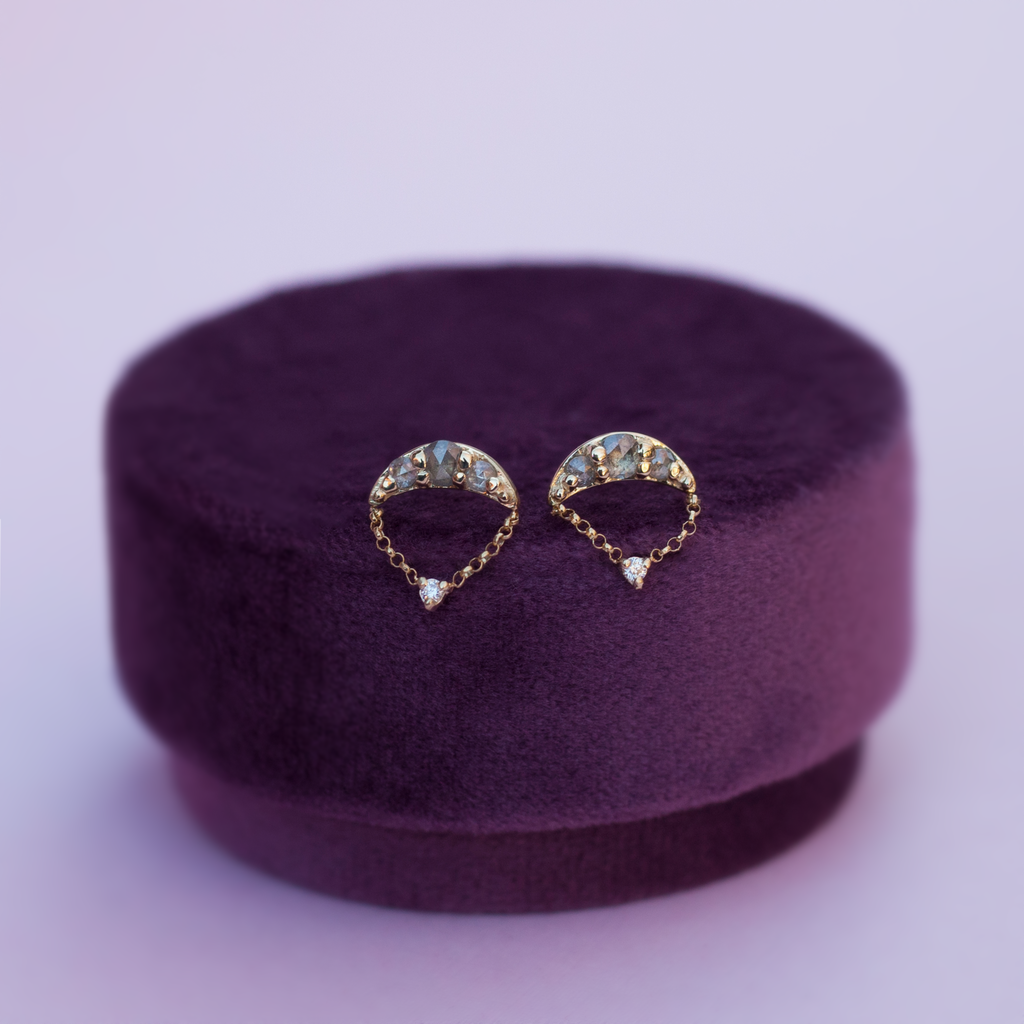 Salt and pepper round rose cut diamond cluster drop earrings studs made in 14k or 18k gold.