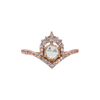 Unique round rose cut diamond engagement ring, with a white diamond crown and a pave v chevron band, made in solid 14k or 18k rose gold.