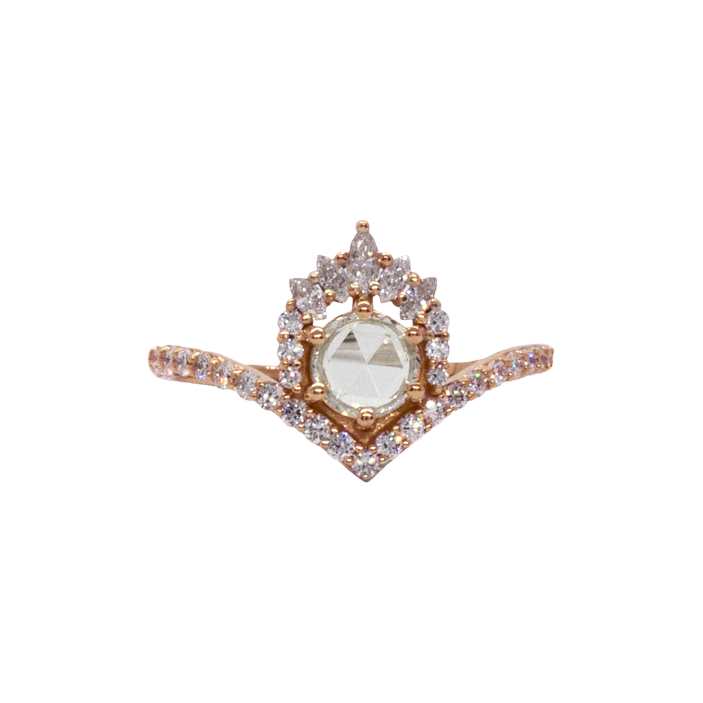 Unique round rose cut diamond engagement ring, with a white diamond crown and a pave v chevron band, made in solid 14k or 18k rose gold.