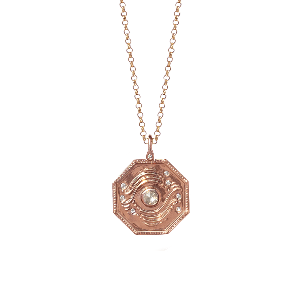 Personalized geometric pendant charm, made with delicate wave detail, encrusted with the tiniest diamonds, featuring a rose cut diamond, made in 14K or 18K rose gold.