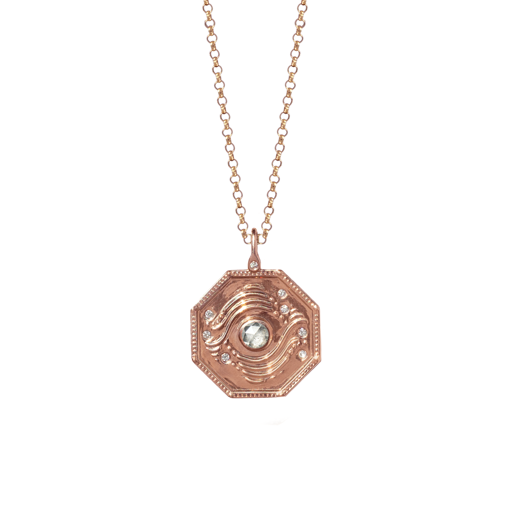 Personalized geometric pendant charm, made with delicate wave detail, encrusted with the tiniest diamonds, featuring a salt and pepper rose cut diamond, made in 14K or 18K rose gold.