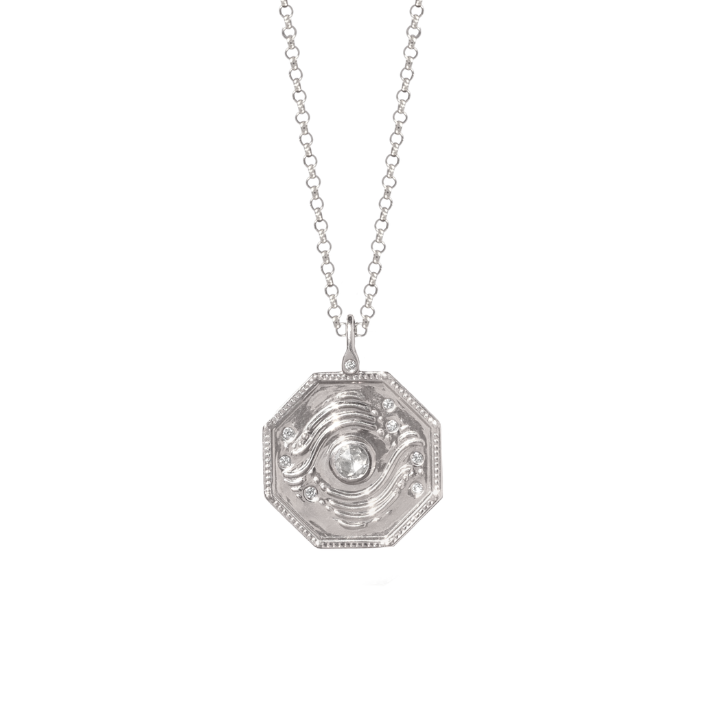 Personalized geometric pendant charm, made with delicate wave detail, encrusted with the tiniest diamonds, featuring a rose cut diamond, made in 14K or 18K white gold.