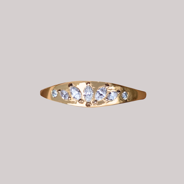 Petite gold signet ring, made with diamonds in 14k solid gold. Meant to be worn as an engagement ring or an everyday staple. 