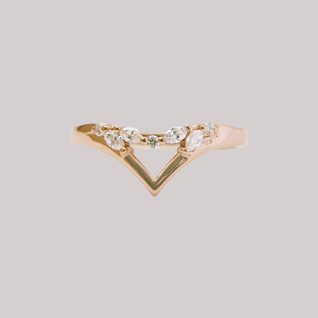 Gold chevron and white diamond wedding band, made with gentle V shape, marquise diamonds, round brilliant cut diamonds, great for stacking with your engagement ring or your everyday rings. Made in solid 14K or 18K gold.